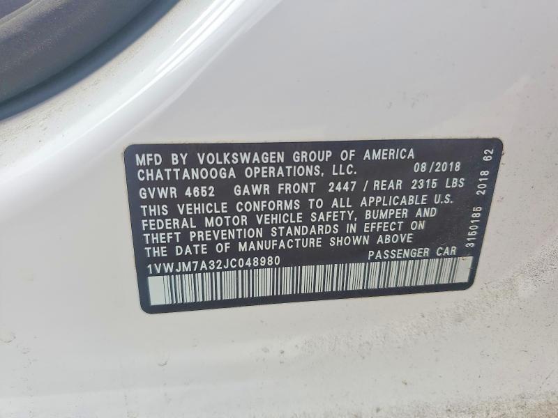 Продажа на аукционе авто 2018 Volkswagen Passat, vin: 1VWJM7A32JC048980, номер лота: 56843386