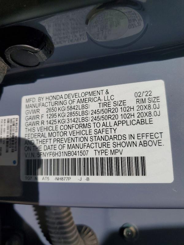 Продажа на аукционе авто 2022 Honda Pilot, vin: 5FNYF6H31NB041507, номер лота: 56541536