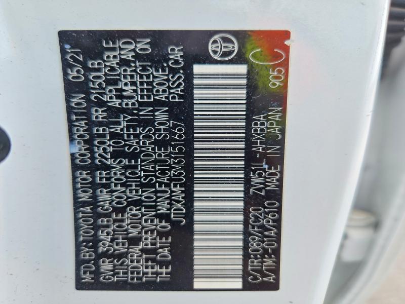 58469226 :رقم المزاد ، JTDKAMFU3M3151667 vin ، 2021 Toyota Prius مزاد بيع