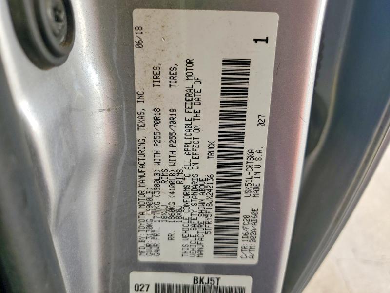 2018 Toyota Tundra მანქანა იყიდება აუქციონზე, vin: 5TFRY5F18JX242136, აუქციონის ნომერი: 54340126