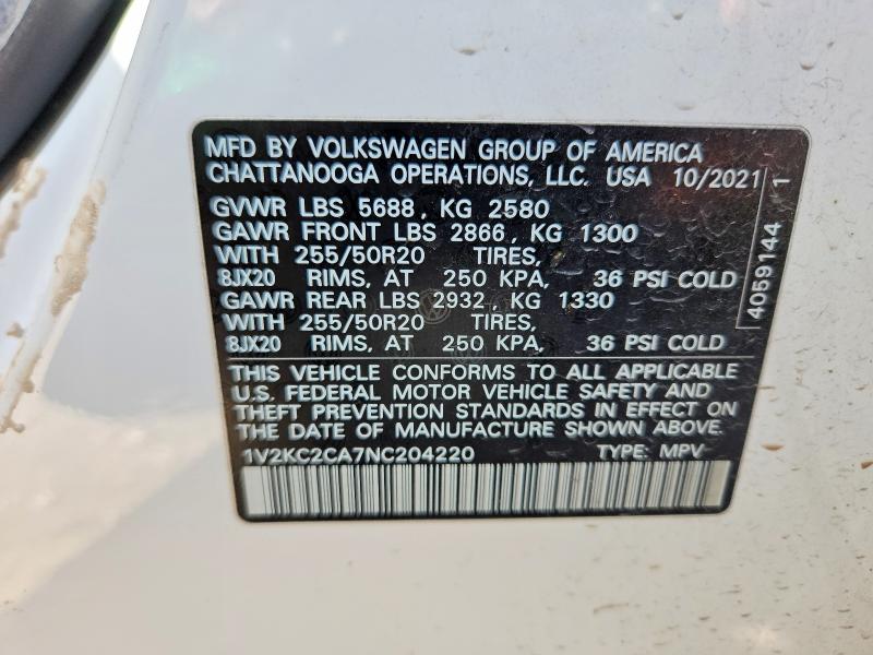 57632036 :رقم المزاد ، 1V2KC2CA7NC204220 vin ، 2022 Volkswagen Atlas Cross Sport مزاد بيع