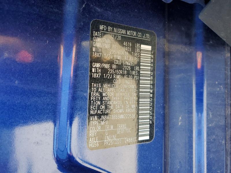 2021 Nissan Rogue მანქანა იყიდება აუქციონზე, vin: JN8AT3BB5MW222536, აუქციონის ნომერი: 56746446