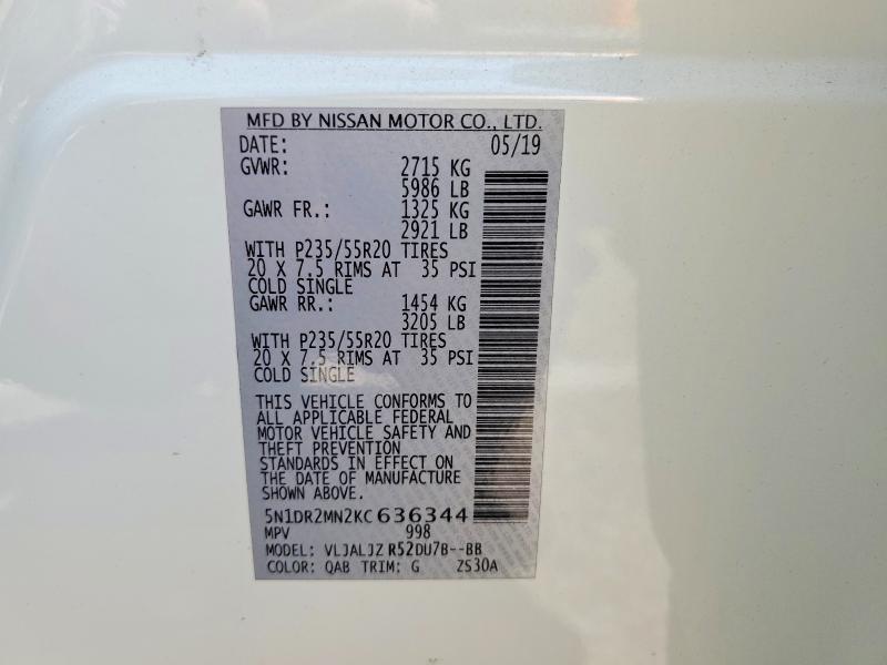 57709216 :رقم المزاد ، 5N1DR2MN2KC636344 vin ، 2019 Nissan Pathfinder مزاد بيع