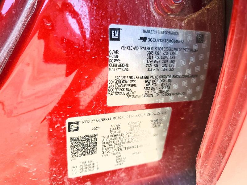 Aukcja sprzedaży 2021 Chevrolet Silverado, vin: 3GCUYDET8MG145762, numer aukcji: 56310316