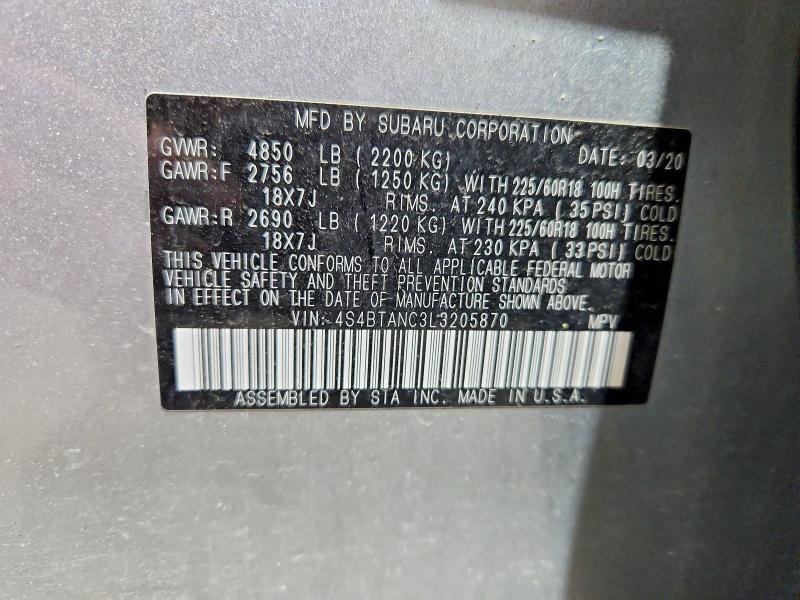 Продажа на аукционе авто 2020 Subaru Outback, vin: 4S4BTANC3L3205870, номер лота: 55877946
