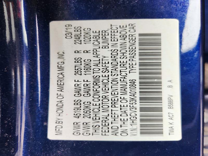 Aukcja sprzedaży 2019 Honda Accord, vin: 1HGCV3F53KA010846, numer aukcji: 56145066