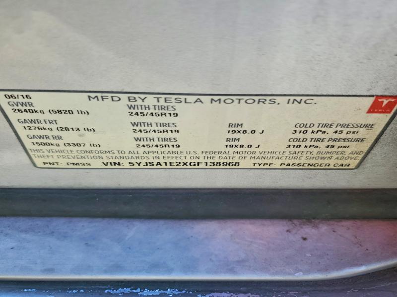2016 Tesla Model S მანქანა იყიდება აუქციონზე, vin: 5YJSA1E2XGF138968, აუქციონის ნომერი: 58755426