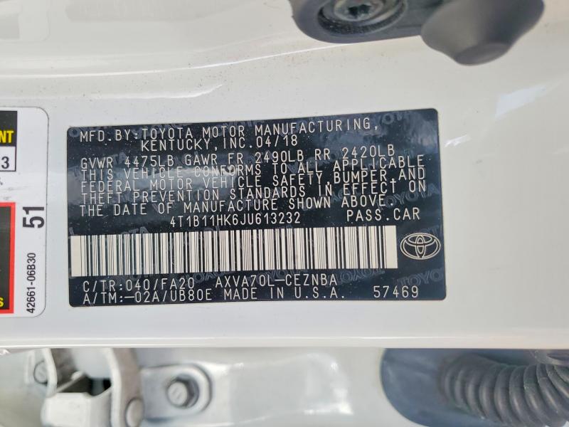 2018 Toyota Camry მანქანა იყიდება აუქციონზე, vin: 4T1B11HK6JU613232, აუქციონის ნომერი: 57951056