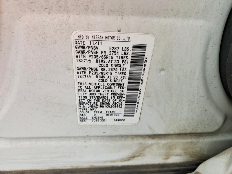 2012 Nissan Murano მანქანა იყიდება აუქციონზე, vin: JN8AZ1MW1CW208442, აუქციონის ნომერი: 58840216