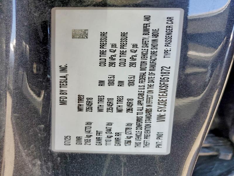 Продаж на аукціоні авто 2025 Tesla Model 3, vin: 5YJ3E1EAXSF051872, номер лоту: 56440246