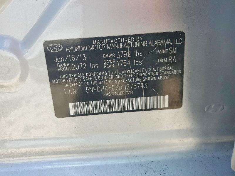 Aukcja sprzedaży 2013 Hyundai Elantra, vin: 5NPDH4AE2DH278743, numer aukcji: 85605415