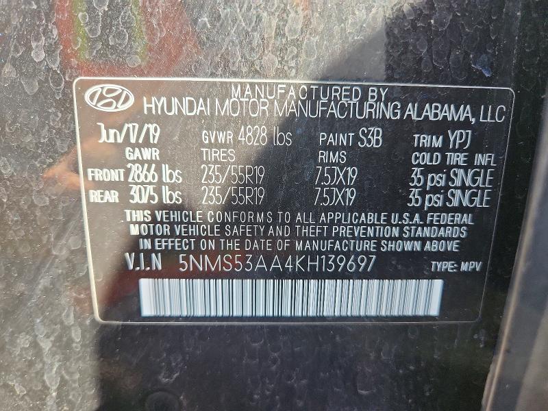 2019 Hyundai Santa Fe მანქანა იყიდება აუქციონზე, vin: 5NMS53AA4KH139697, აუქციონის ნომერი: 58829166