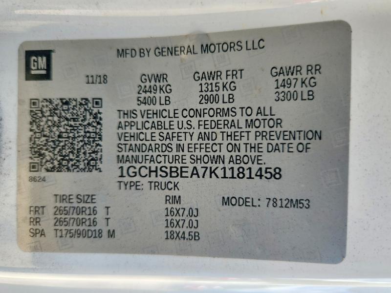 2019 Chevrolet Colorado მანქანა იყიდება აუქციონზე, vin: 1GCHSBEA7K1181458, აუქციონის ნომერი: 57694036