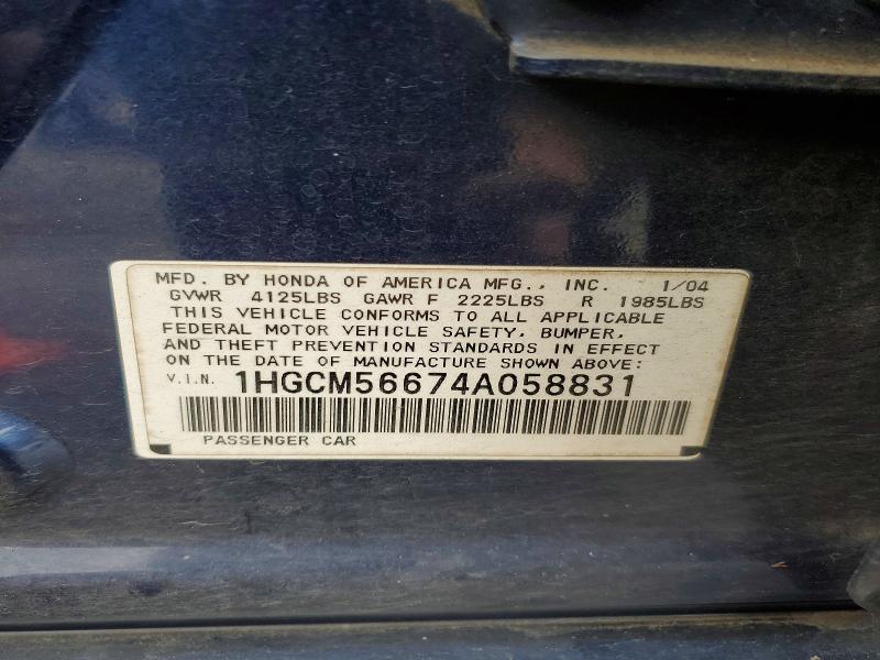 59386906 :رقم المزاد ، 1HGCM56674A058831 vin ، 2004 Honda Accord مزاد بيع