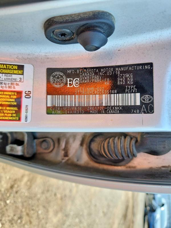 Продаж на аукціоні авто 2016 Toyota Corolla, vin: 2T1BURHE9GC635168, номер лоту: 59151106