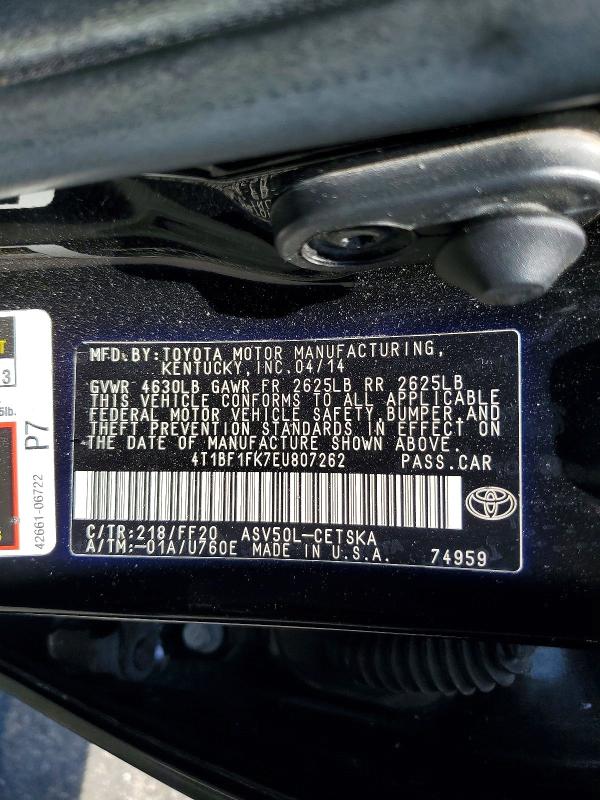 Продажа на аукционе авто 2014 Toyota Camry, vin: 4T1BF1FK7EU807262, номер лота: 55737656