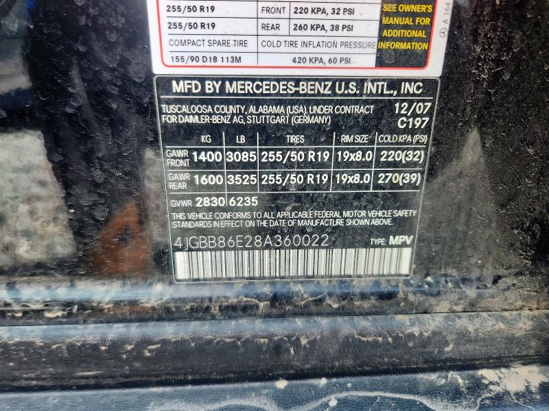 2008 Mercedes-benz Ml მანქანა იყიდება აუქციონზე, vin: 4JGBB86E28A360022, აუქციონის ნომერი: 57488186