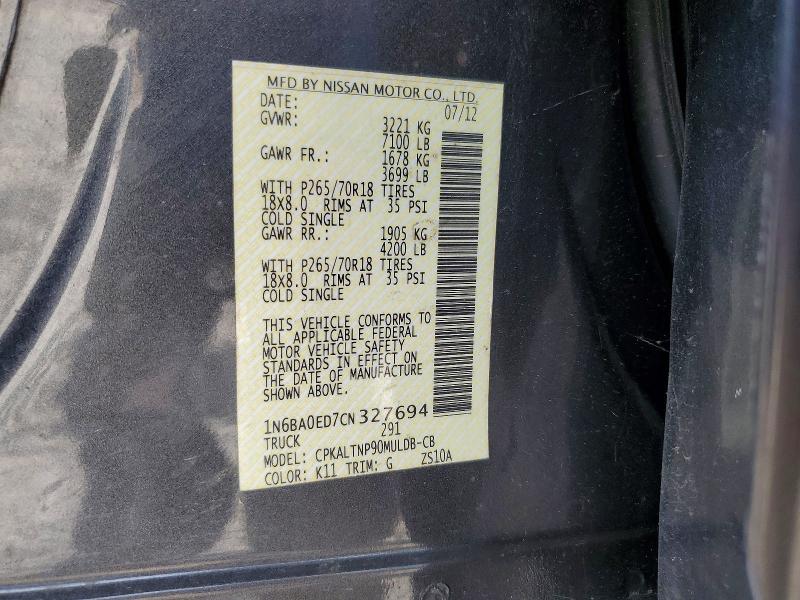 2012 Nissan Titan მანქანა იყიდება აუქციონზე, vin: 1N6BA0ED7CN327694, აუქციონის ნომერი: 56822676