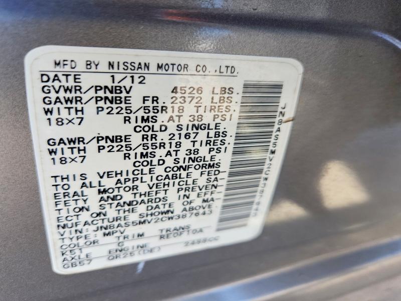 58305196 :رقم المزاد ، JN8AS5MV2CW387643 vin ، 2012 Nissan Rogue مزاد بيع