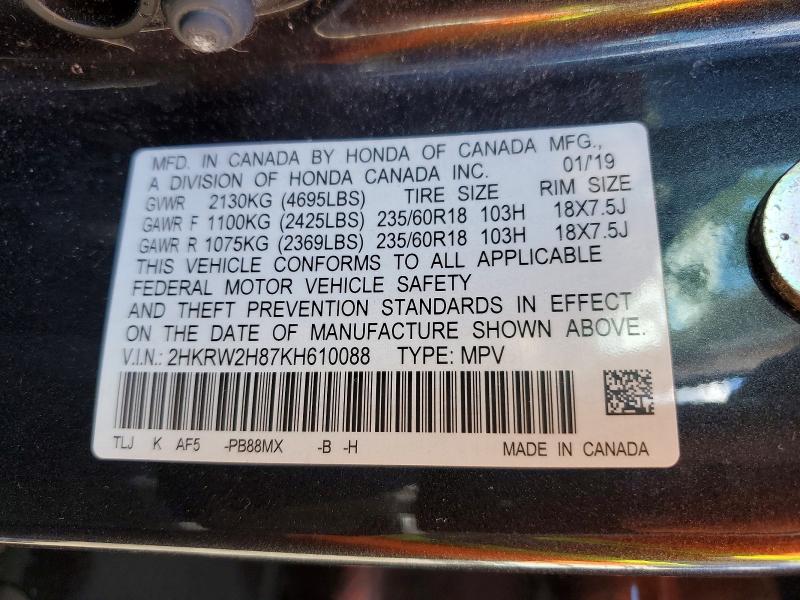 Auction sale of the 2019 Honda Cr-v, vin: 2HKRW2H87KH610088, lot number: 57928136