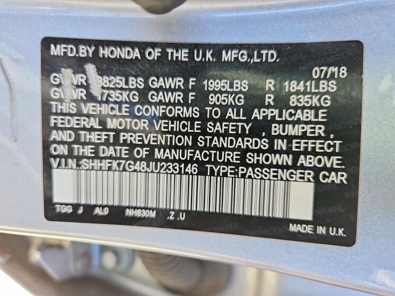 Продажа на аукционе авто 2018 Honda Civic, vin: SHHFK7G48JU233146, номер лота: 56694186