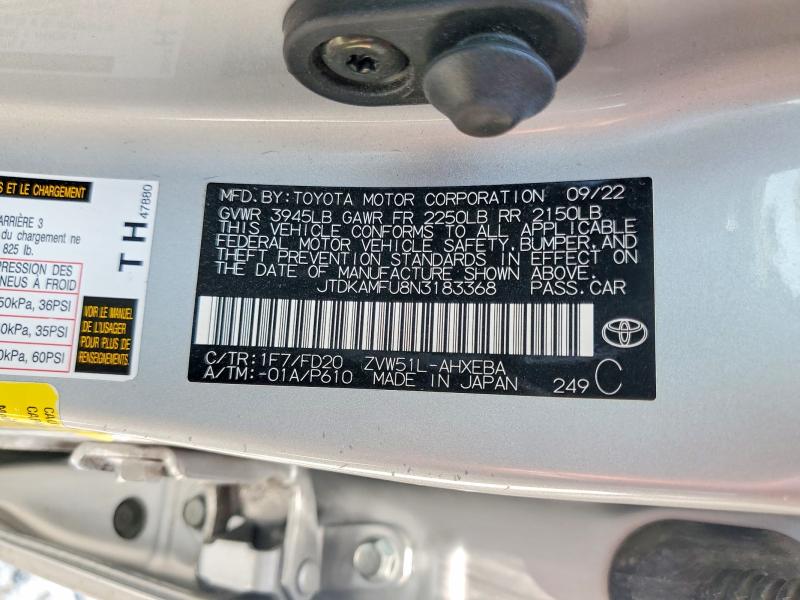 Aukcja sprzedaży 2022 Toyota Prius, vin: JTDKAMFU8N3183368, numer aukcji: 58611006