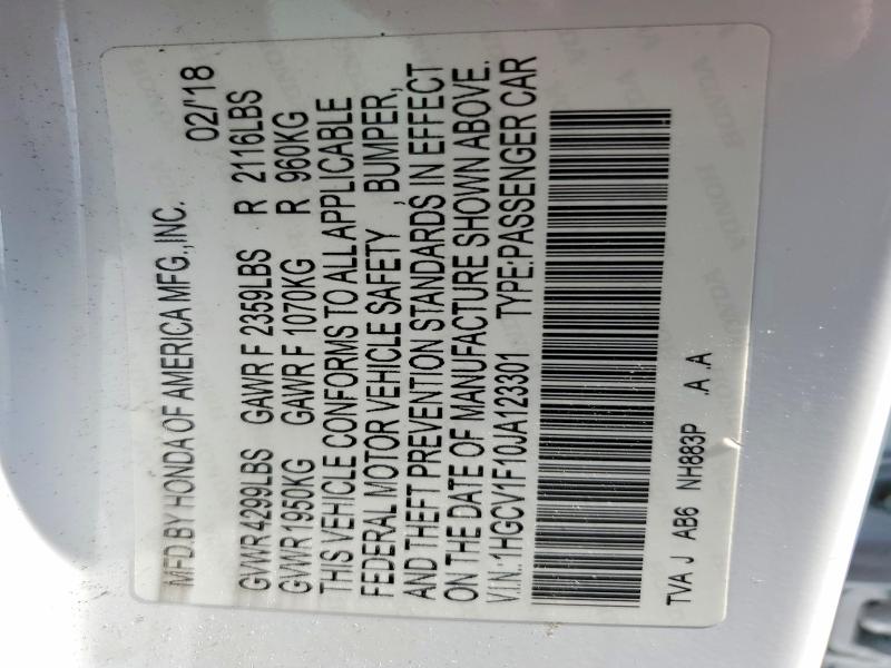 2018 Honda Accord მანქანა იყიდება აუქციონზე, vin: 1HGCV1F10JA123301, აუქციონის ნომერი: 56862256