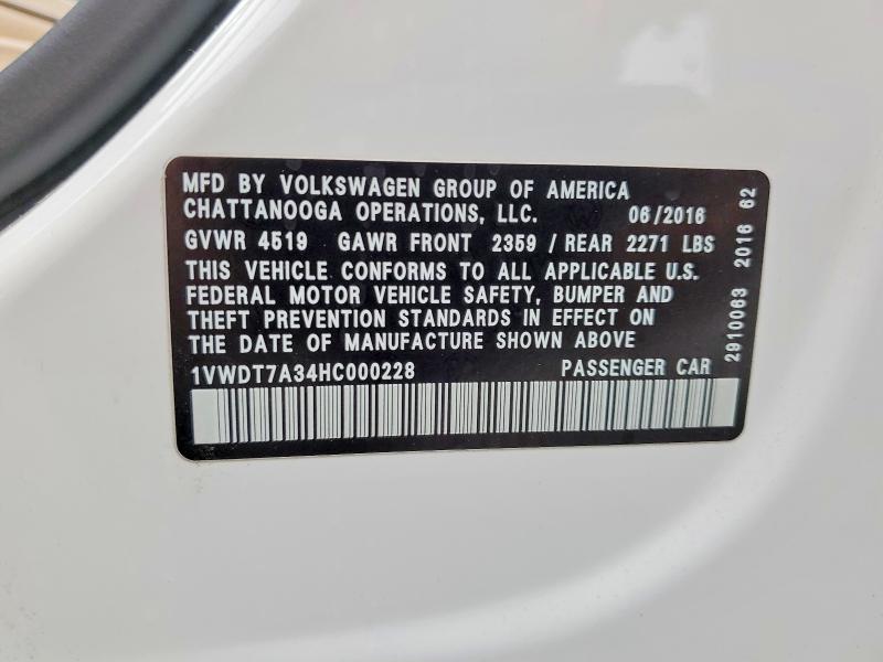 2017 Volkswagen Passat მანქანა იყიდება აუქციონზე, vin: 1VWDT7A34HC000228, აუქციონის ნომერი: 56097506