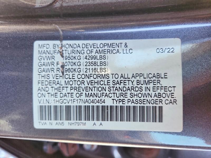 2022 Honda Accord მანქანა იყიდება აუქციონზე, vin: 1HGCV1F17NA040454, აუქციონის ნომერი: 56449246