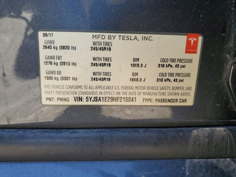 2017 Tesla Model S მანქანა იყიდება აუქციონზე, vin: 5YJSA1E29HF215041, აუქციონის ნომერი: 58638606