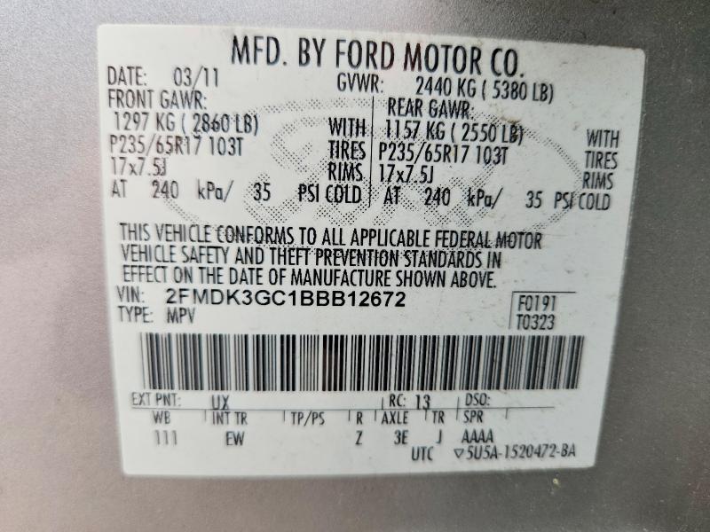 Продаж на аукціоні авто 2011 Ford Edge, vin: 2FMDK3GC1BBB12672, номер лоту: 58226336