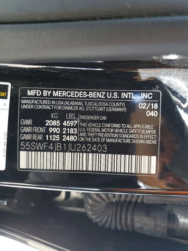 2018 Mercedes-benz C მანქანა იყიდება აუქციონზე, vin: 55SWF4JB1JU262403, აუქციონის ნომერი: 56746986