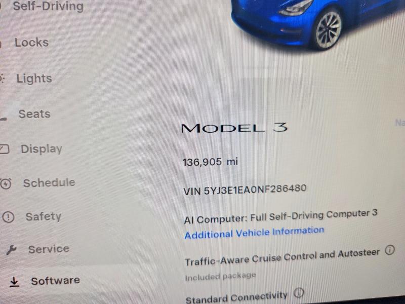 2022 Tesla Model 3 მანქანა იყიდება აუქციონზე, vin: 5YJ3E1EA0NF286480, აუქციონის ნომერი: 57577856