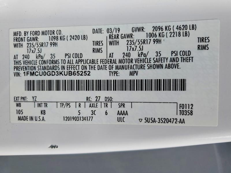 2019 Ford Escape მანქანა იყიდება აუქციონზე, vin: 1FMCU0GD3KUB65252, აუქციონის ნომერი: 57992916
