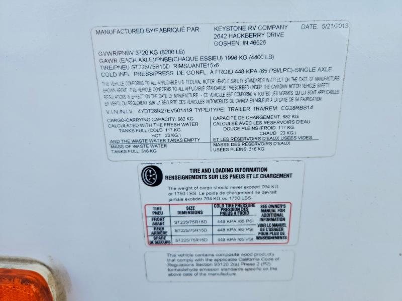 59279586 :رقم المزاد ، 4YDT28R27EV501419 vin ، 2014 Keystone Cougar مزاد بيع