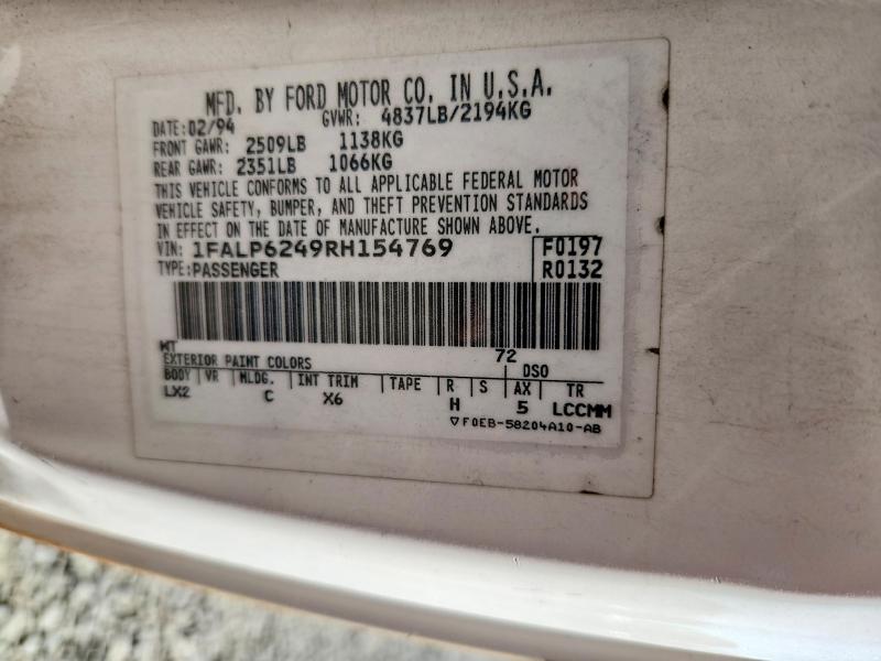 57380456 :رقم المزاد ، 1FALP6249RH154769 vin ، 1994 Ford Thunderbird مزاد بيع