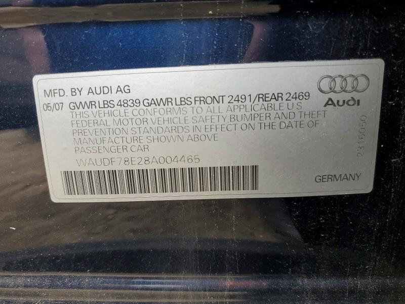 2008 Audi A4 მანქანა იყიდება აუქციონზე, vin: WAUDF78E28A004465, აუქციონის ნომერი: 56298206