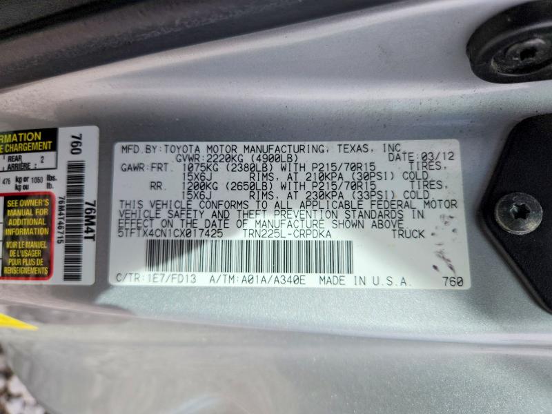 Aukcja sprzedaży 2012 Toyota Tacoma, vin: 5TFTX4CN1CX017425, numer aukcji: 54548146