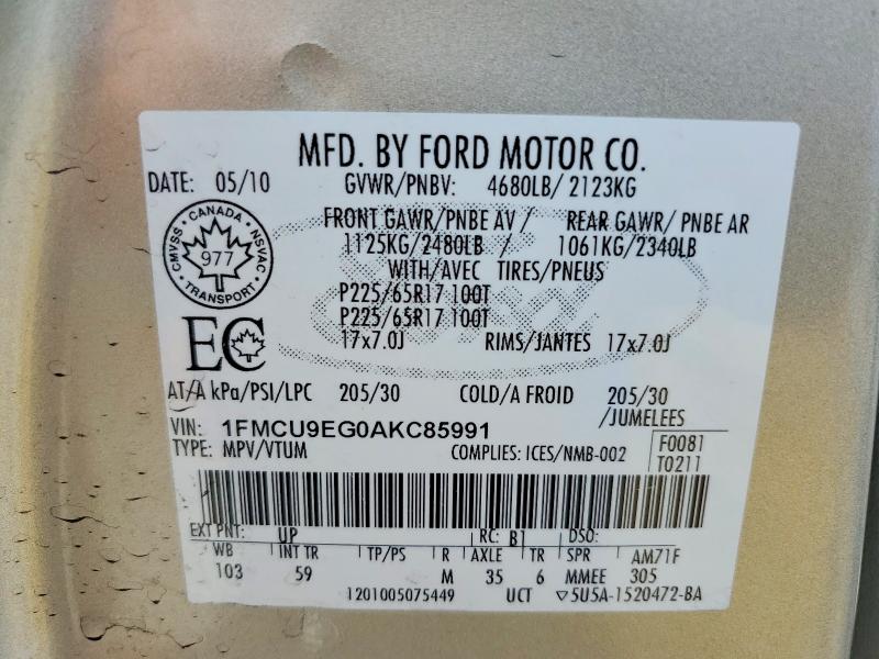 57019466 :رقم المزاد ، 1FMCU9EG0AKC85991 vin ، 2010 Ford Escape مزاد بيع
