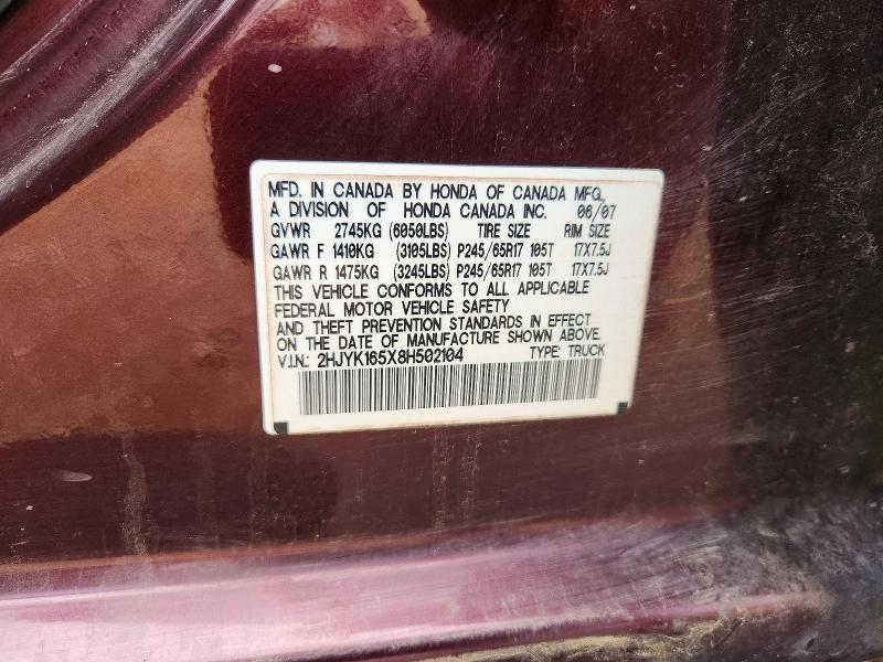 58017456 :رقم المزاد ، 2HJYK165X8H502104 vin ، 2008 Honda Ridgeline مزاد بيع