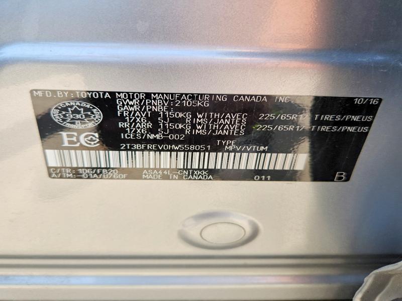 Aukcja sprzedaży 2017 Toyota Rav4, vin: 2T3BFREV0HW558051, numer aukcji: 55953556