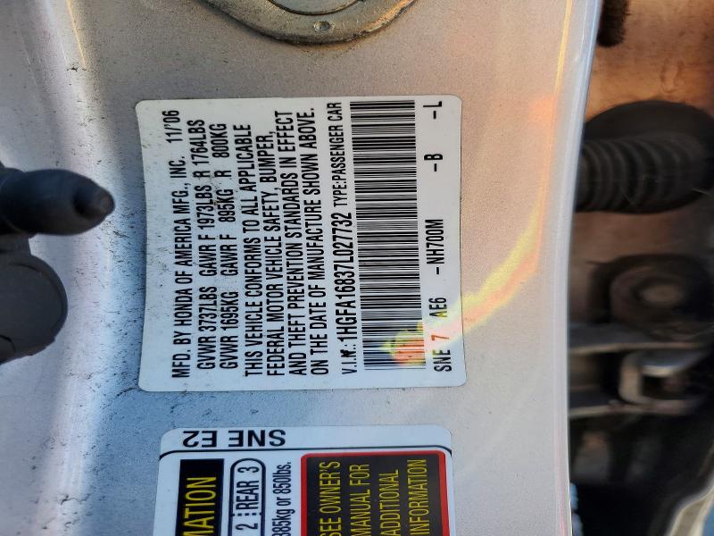 2007 Honda Civic მანქანა იყიდება აუქციონზე, vin: 1HGFA16837L027732, აუქციონის ნომერი: 57599006