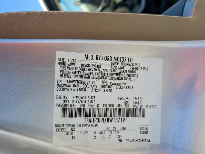 Продаж на аукціоні авто 2011 Ford Focus, vin: 1FAHP3FNXBW187191, номер лоту: 58620046