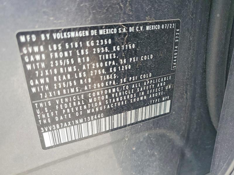2022 Volkswagen Tiguan მანქანა იყიდება აუქციონზე, vin: 3VV3B7AX1NM138440, აუქციონის ნომერი: 56770016