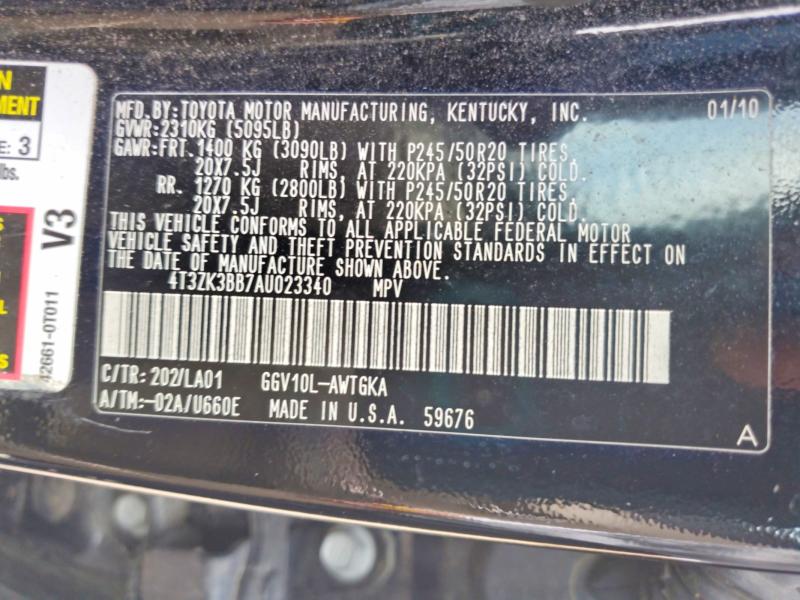 2010 Toyota Venza მანქანა იყიდება აუქციონზე, vin: 4T3ZK3BB7AU023340, აუქციონის ნომერი: 58892686