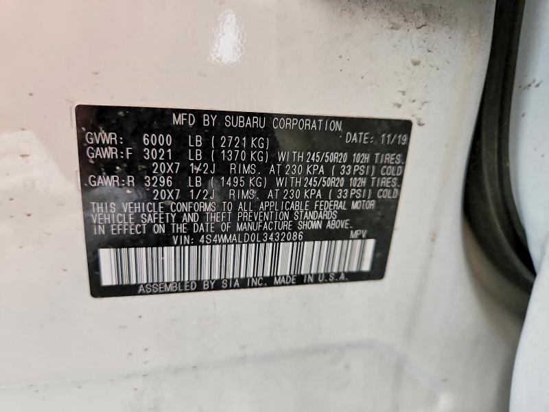 58328376 :رقم المزاد ، 4S4WMALD0L3432086 vin ، 2020 Subaru Ascent مزاد بيع