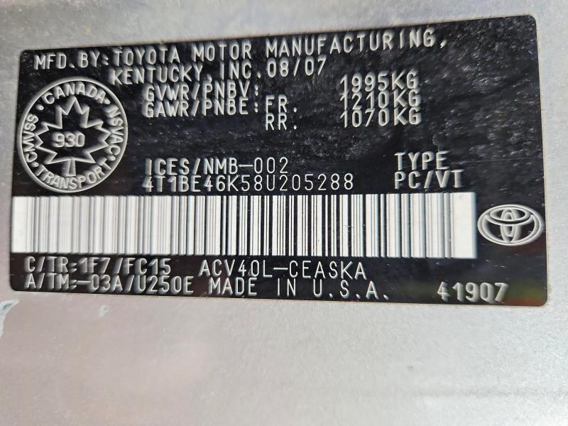 Aukcja sprzedaży 2008 Toyota Camry, vin: 4T1BE46K58U205288, numer aukcji: 57999736