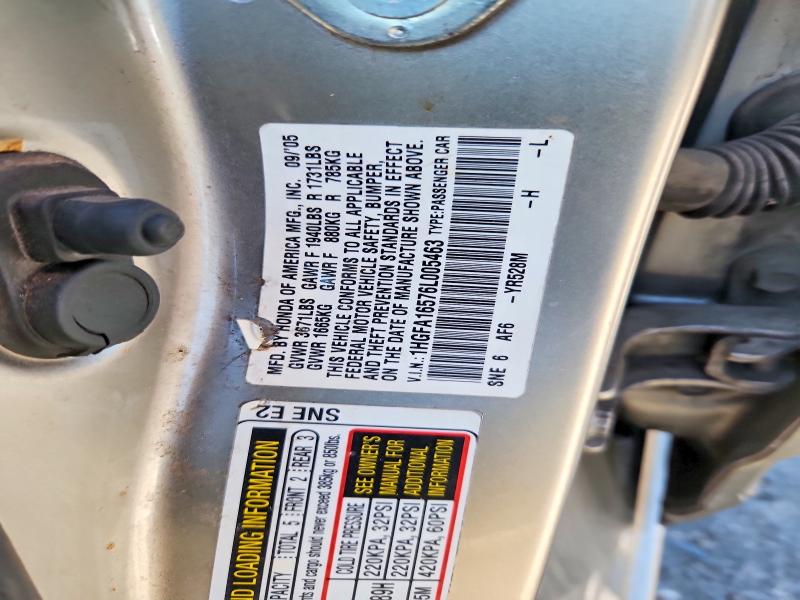 Продаж на аукціоні авто 2006 Honda Civic, vin: 1HGFA16576L005463, номер лоту: 59229706