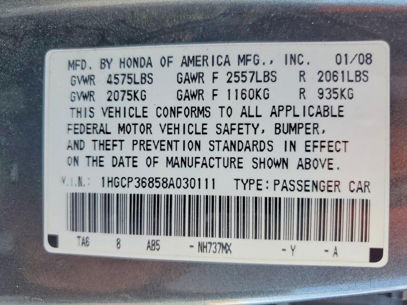 Auction sale of the 2008 Honda Accord, vin: 1HGCP36858A030111, lot number: 59016796