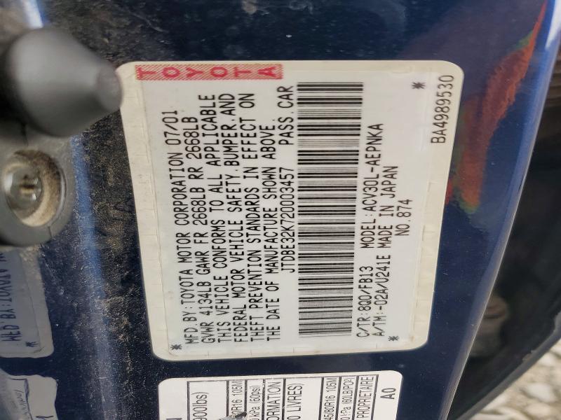 57347806 :رقم المزاد ، JTDBE32K720003457 vin ، 2002 Toyota Camry مزاد بيع